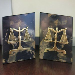 Bey-Berk Int'l - Tiger Eye Marble Bookends with Gold Plated Scales of Justice